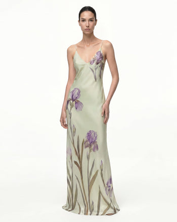 Satin-Slip-Kleid mit Iris-Motiv - Hellgrün/Lila