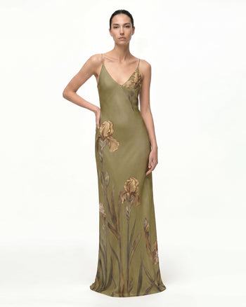 Satin-Slip-Kleid mit Iris-Motiv - Olivgrün