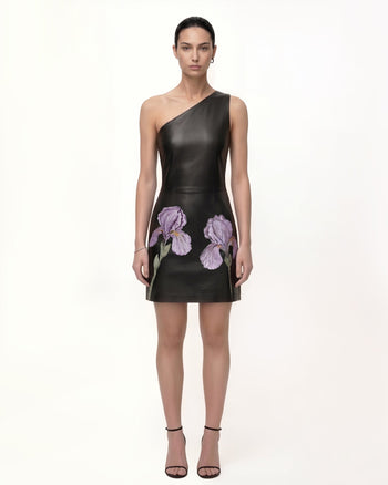 Leder-Minikleid mit One-Schulter und Iris-Blumenprint - Schwarz