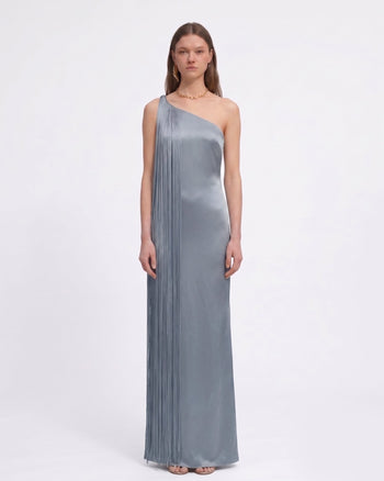 One-Shoulder-Maxikleid mit Fransen – Misty Blue