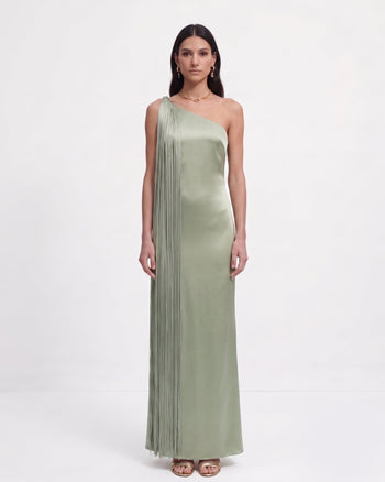 One-Shoulder-Maxikleid mit Fransen – Salbeigrün