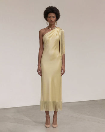One-Schulter-Fransen-Midikleid - Champagner