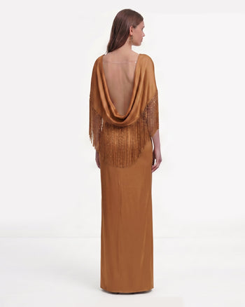Satin-Maxikleid mit Fransencape - Karamellbraun