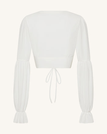 Kurze Chiffonbluse mit Laternenärmeln und Bindedetail vorne - Weiß