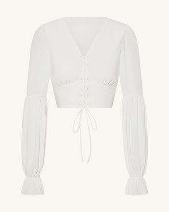 Kurze Chiffonbluse mit Laternenärmeln und Bindedetail vorne - Weiß