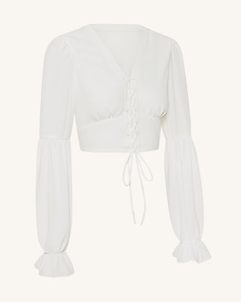Kurze Chiffonbluse mit Laternenärmeln und Bindedetail vorne - Weiß