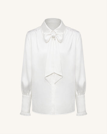 Bluse mit Bindeband und Ballonärmeln – Weiß