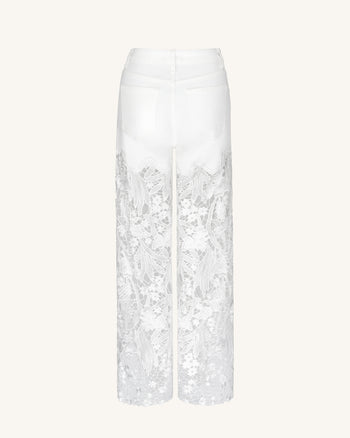 Bestickte High-Rise-Jeans mit weitem Bein aus Spitzen-Denim und Strass – Weiß
