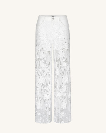 Bestickte High-Rise-Jeans mit weitem Bein aus Spitzen-Denim und Strass – Weiß