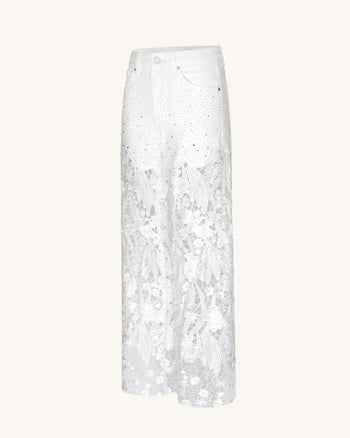 Bestickte High-Rise-Jeans mit weitem Bein aus Spitzen-Denim und Strass – Weiß