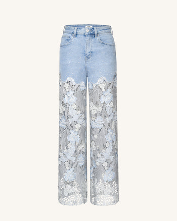 Bestickte Jeans mit hoher Taille und weitem Bein aus Spitzendenim mit Strass – Hellblau