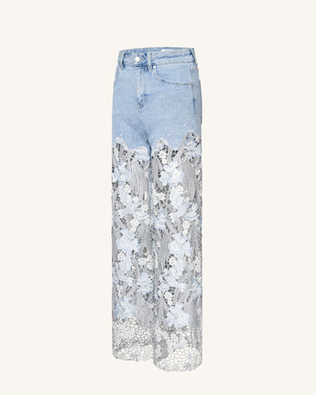 Bestickte Jeans mit hoher Taille und weitem Bein aus Spitzendenim mit Strass – Hellblau