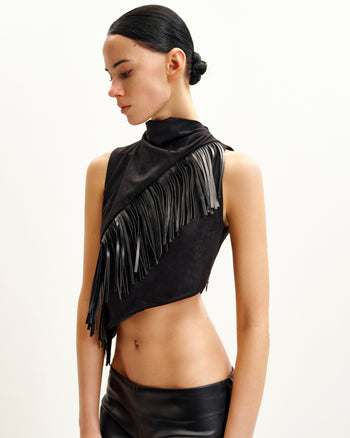 Adeline Asymmetrisches Fransen-Suede-Top - Schwarz