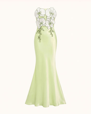Trägerloses 3D-Blumen-Maxikleid aus Satin mit Schlitz - Hellgrün