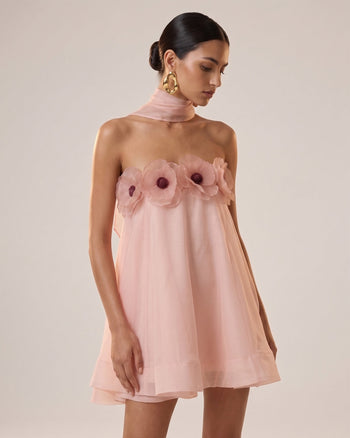 Poppy Besticktes drapiertes Neckholder-Minikleid - Zartrosa
