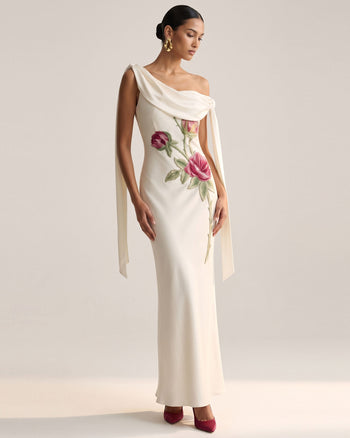 Rose Bestickte drapierte One-Shoulder-Robe - Reinweiß