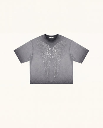 The Angelic Dripping Crystal Wings T-Shirt – Gewaschenes Grau