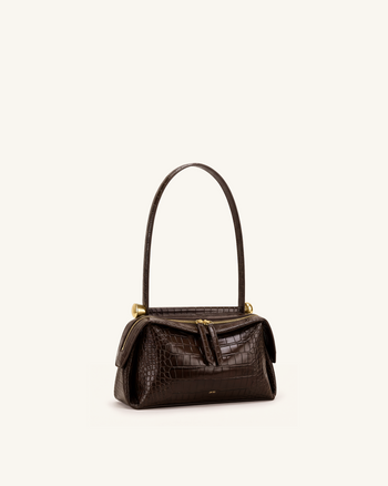 Naomi Schultertasche mit zwei Reißverschlüssen - Braun Krokodiloptik