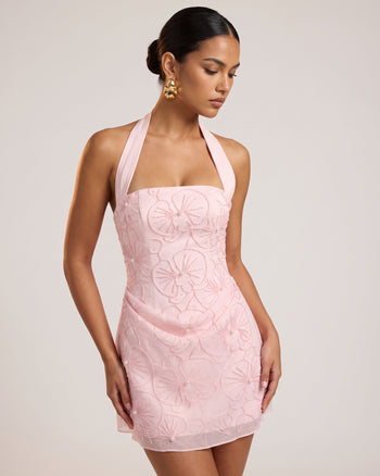 Minikleid mit Orchideen-Perlenstickerei, eckigem Ausschnitt und Neckholder – Blassrosa