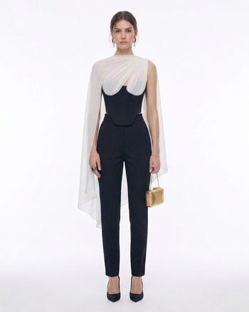 Trägerloses Korsett-Top mit transparentem Cape - Schwarz & Weiß