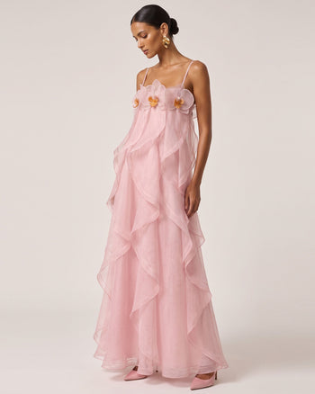Maxikleid aus Organza mit Orchideenbestickung - Blush Pink