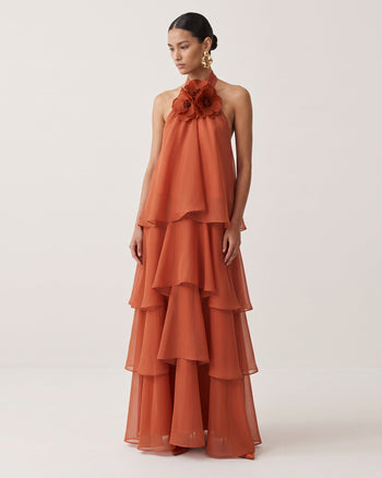 Poppy Besticktes Neckholder-Stufen-Maxikleid mit Rüschen - Burnt Orange