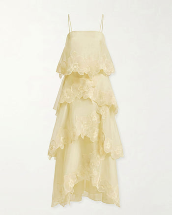 Mehrlagiges Maxikleid mit Orchideenstickerei - Hellgelb