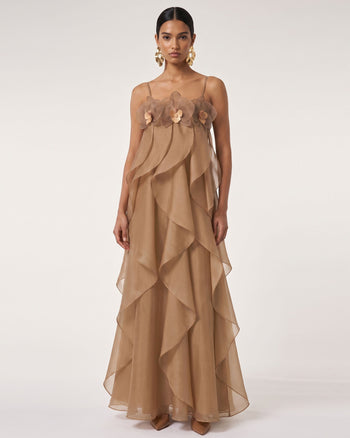Maxikleid aus Organza mit Orchideenstickerei - Hellbraun