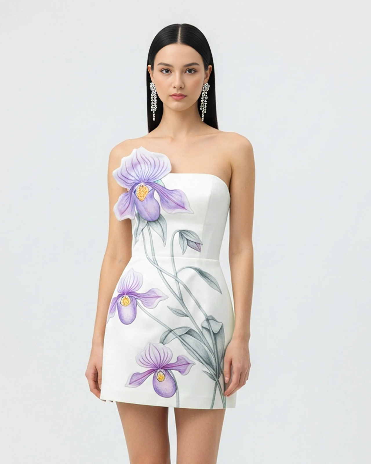 Slipper-Orchideen-Applikation Minikleid – Weiß