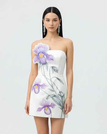 Slipper-Orchideen-Applikation Minikleid – Weiß