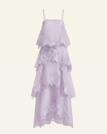 Mehrlagiges Maxikleid mit Orchideenstickerei - Helllila