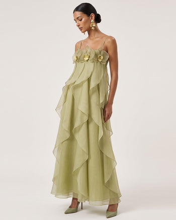Maxikleid aus Organza mit Orchideenstickerei - Hellgrün