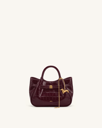 Maeve Mini-Satchel-Tasche mit Dackel-Anhänger - Burgunderrot in Krokodiloptik