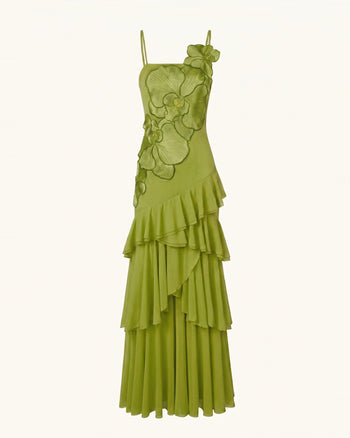 One-Shoulder-Maxikleid mit Orchideen-Stickerei und Rüschen - Olivgrün