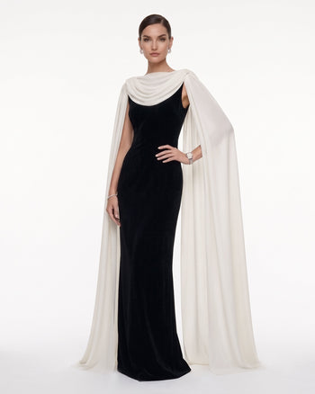 Maxikleid mit Wasserfallausschnitt und transparentem Cape - Schwarz & Weiß