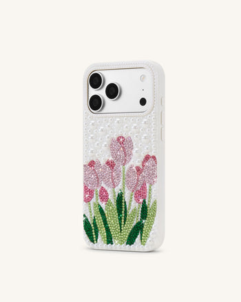 Handyhülle mit Tulpen-Kunstperlen - Weiß