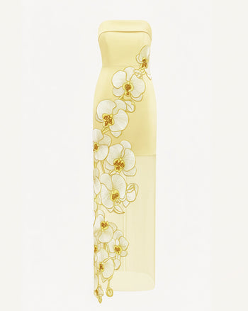 Kleid mit Orchideenstickerei – Gelb