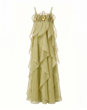 Maxikleid aus Organza mit Orchideenstickerei - Hellgrün