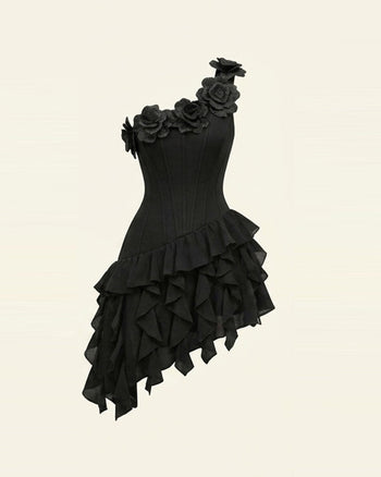 One-Shoulder Korsett-Minikleid mit Blumenstickerei - Schwarz