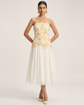Trägerloses Midikleid mit Blumenstickerei – Elfenbeinweiß