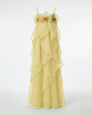 Maxikleid aus Organza mit Orchideenstickerei - Hellgelb