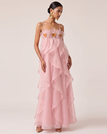 Maxikleid aus Organza mit Orchideenbestickung - Blush Pink