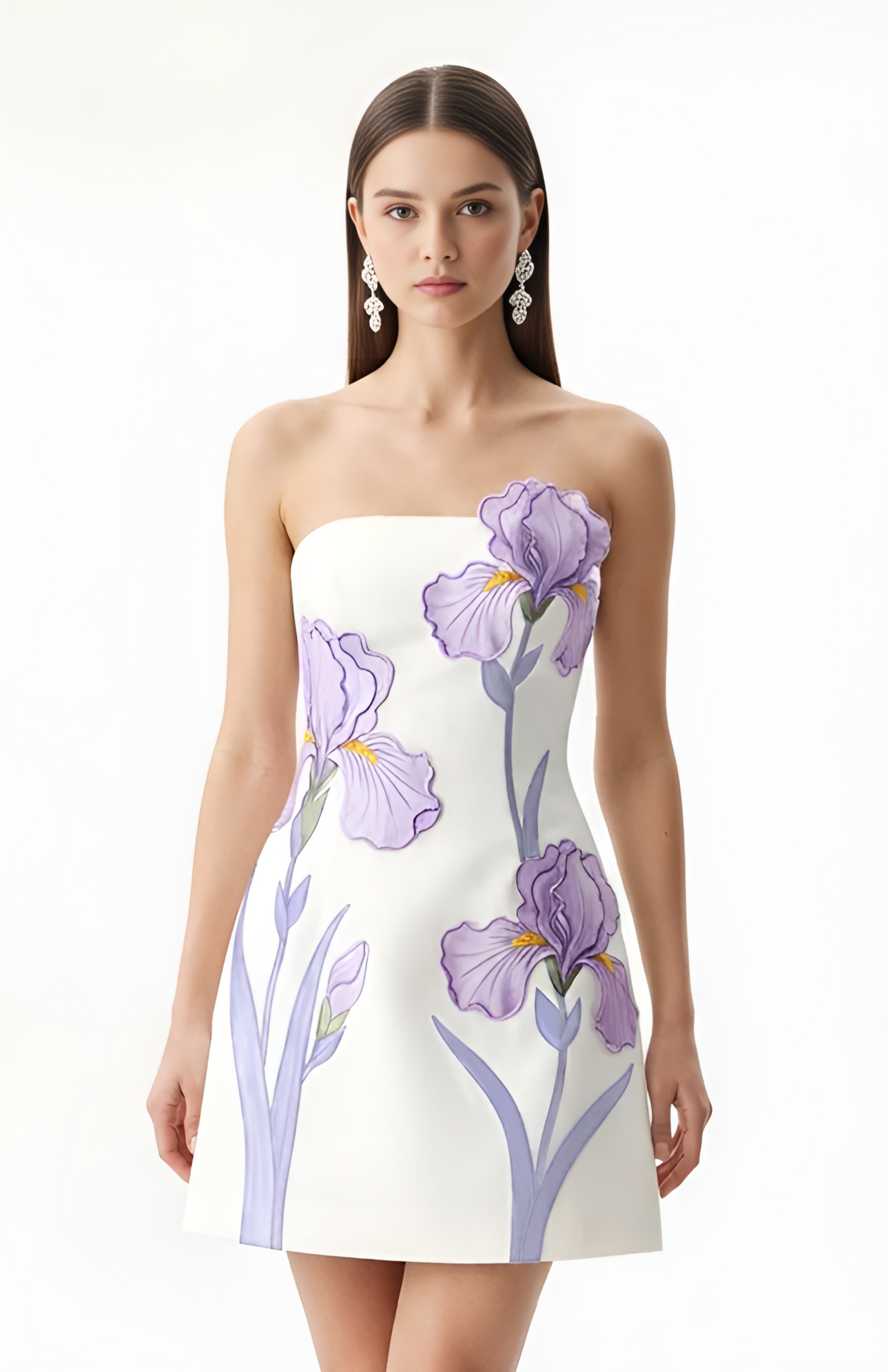 Schulterfreies Kleid mit Irisblumenmuster – Weiß