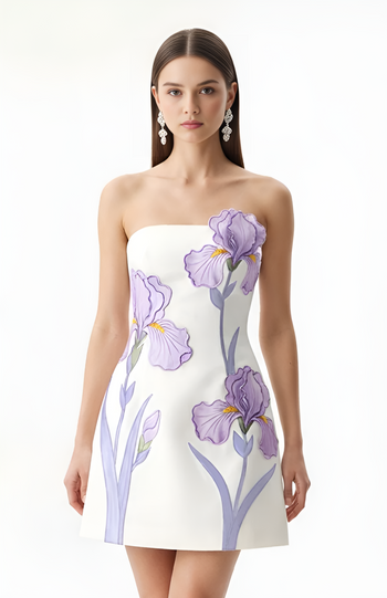 Schulterfreies Kleid mit Irisblumenmuster – Weiß