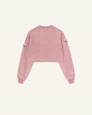 Coquette 3D-Satin-Schleifen-Sweatshirt mit Perlen - Vintage-Rosa