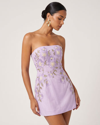 Trägerloses Korsett-Minikleid mit Blumenstickerei - Helllila