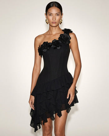One-Shoulder Korsett-Minikleid mit Blumenstickerei - Schwarz