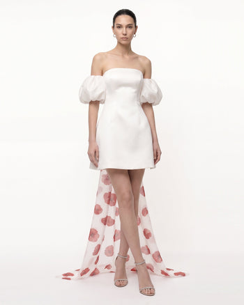3D-Minikleid mit Klatschmohn-Motiv, Puffärmeln und Schleppe – Elfenbein