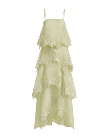 Mehrlagiges Maxikleid mit Orchideenstickerei - Hellgrün