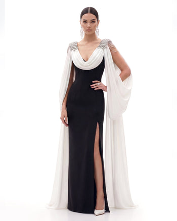 Kristall-Maxikleid mit Schulter-Cape - Schwarz & Elfenbein